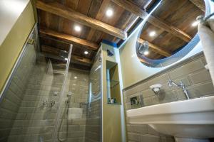 La salle de bains est pourvue d'un lavabo et d'une douche. dans l'établissement VILA OPT, à Constanţa