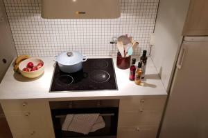 a kitchen with a stove with a pot on it at Lofoten- Enjoy the Nature-With a beautiful beach in Napp