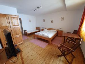 a bedroom with a bed and a tv in it at Casa Terezia in Braşov