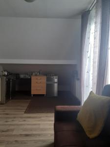 a living room with a couch and a kitchen at Noclegi w Kudowie in Kudowa-Zdrój