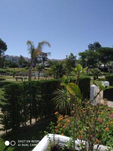 einen Garten mit Blumen und Palmen in einem Park in der Unterkunft Apartamento playa in Islantilla