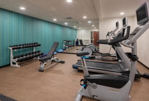 un gimnasio con cintas de correr y máquinas de ejercicio en una sala en Holiday Inn Express & Suites Tilton, an IHG Hotel, en Tilton