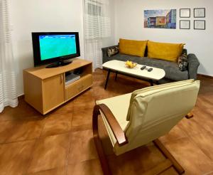 uma sala de estar com um sofá e uma televisão em Family Beachfront Apartment em Petrovac na Moru