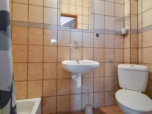 une salle de bain avec un lavabo, des toilettes et un miroir dans l'établissement Helena Gał, à Białka Tatrzańska 27 autres photos