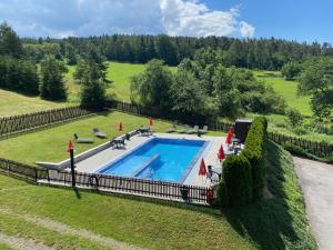 an overhead view of a swimming pool in a yard at Penzion Kamejk in Kamýk nad Vltavou