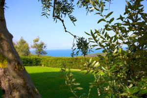 a view of a lawn with the ocean in the background at Casale del Mare in Castiglioncello