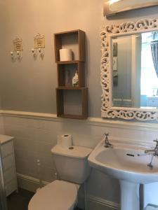 a bathroom with a toilet and a sink and a mirror at Anchorage House in Whitby