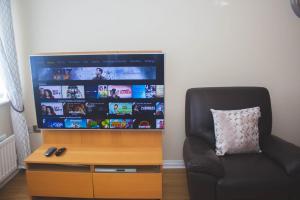 a living room with a chair and a large television at Romulus Court Fenham in Elswick