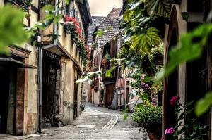 un vicolo in un centro storico con fiori di PAUL & PIA - Welcome Home Hotel a Colmar