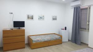 um quarto com uma cama e uma televisão numa cómoda em La Rosa del Vesuvio em Boscotrecase