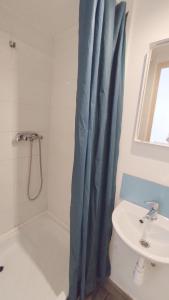 a bathroom with a shower curtain and a tub at Synagogue View Guest House in Budapest