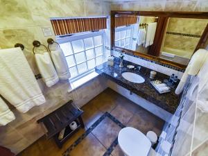 a bathroom with a sink and a mirror and a toilet at Riverside Inn in Ely