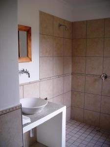 a bathroom with a sink and a shower at Wheatlands Lodge in Bredasdorp
