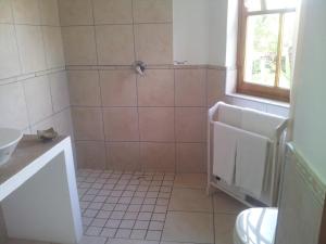 a bathroom with a shower and a sink at Wheatlands Lodge in Bredasdorp