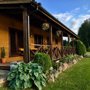 une maison avec une terrasse couverte avec des plantes devant elle dans l'établissement Bebryne, à Didviečiai