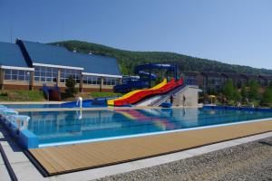 a large swimming pool with a slide in front of a building at Apartament Amelia in Ustrzyki Dolne