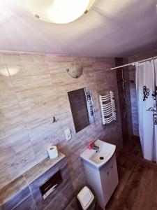 een badkamer met een witte wastafel en een toilet bij Morska Fala in Karwia