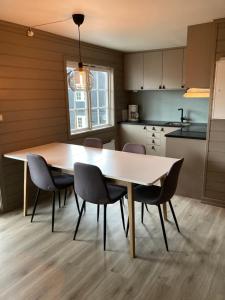 een eettafel en stoelen in een keuken bij Oppdal Alpintun in Oppdal