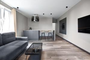 Televízia a/alebo spoločenská miestnosť v ubytovaní Apartament Antracytowy Darłówko