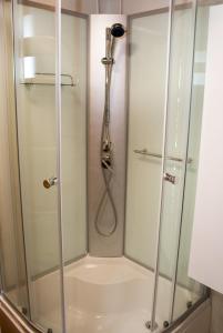 een douche met een glazen deur in de badkamer bij Napsugár Vendégház Bükkszentkereszt in Bükkszentkereszt