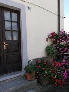 une porte menant à une maison avec des fleurs sur les marches dans l'établissement Appartamento Novecento, à Lenzumo di Concei