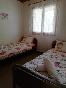 a bedroom with two beds and a window at Zara's love in Néa Sílata