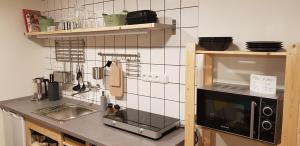 a kitchen with a sink and a microwave at Stylové podkrovní apartmány Ostrava in Ostrava