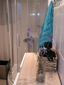 a vase with purple flowers on a table in a bathroom at Apartments Lanterna Ražanac in Ražanac