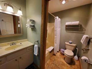 La salle de bains est pourvue de toilettes, d'un lavabo et d'une douche. dans l'établissement The Barn Inn Bed and Breakfast, à Millersburg