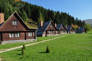 a row of wooden cottages in a grassy field at Chata Žiar in Rajecká Lesná