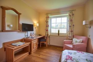 a room with a bed and a desk and a tv at Flair Landhotel Strengliner Mühle in Pronstorf