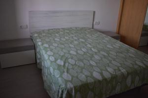 ein Schlafzimmer mit einem Bett mit einer grünen Bettdecke in der Unterkunft COSTA DE ALMERIA PLAYA in Almería