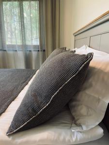 uma almofada sentada em cima de uma cama com uma janela em Roze Guest Houses Sklandas em Bernāti