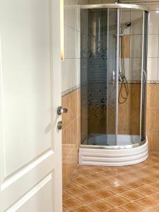 um chuveiro com uma porta de vidro na casa de banho em Apartmani GO Bugojno em Bugojno