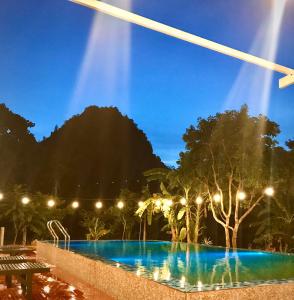 a pool at night with a mountain in the background at Phong Nha Love Homestay in Phong Nha
