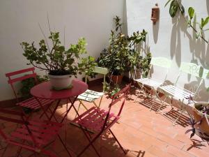 コルドバにあるPatios con encantoのパティオ(椅子、鉢植えの植物付きテーブル付)