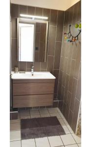 a bathroom with a sink and a mirror at Appartement REVE ENSABLE, classé 3 étoiles, vue mer et montagne, mail de Rodrigues, Ermitage-Les-Bains, 6 personnes in Filaos