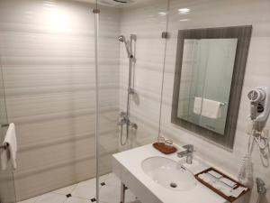 a bathroom with a shower and a sink and a mirror at Apollo Hotel in Puli