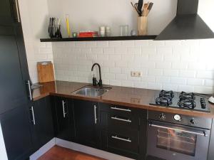 una cocina con armarios negros y fregadero en Single family home in Hillegersberg - Schiebroek en Róterdam