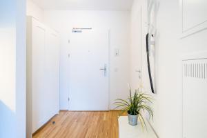 a white hallway with a potted plant on a table at FeelGood Apartments GreenLiving | contactless check-in in Vienna