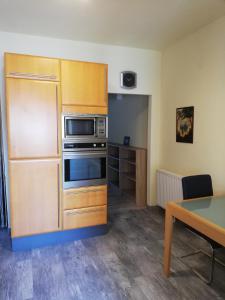 uma cozinha com um frigorífico e uma mesa num quarto em Wohnung em Pöttsching