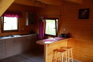 a kitchen with a counter in a log cabin at Słoneczna Dolina in Kąty Rybackie