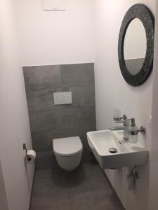 łazienka z toaletą, umywalką i lustrem w obiekcie Top 19 Alpe Maritima - Luxury Lakeview Apartment w mieście Annenheim