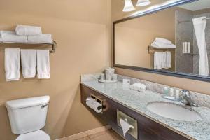 Un baño con inodoro, lavabo y espejo. en Clarion Pointe Medford, en Medford