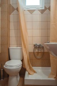 a bathroom with a toilet and a sink and a window at Hotel Akti in Leptokaria