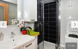 a bathroom with a sink and a shower with black tiles at Condo Vinohrady II in Prague