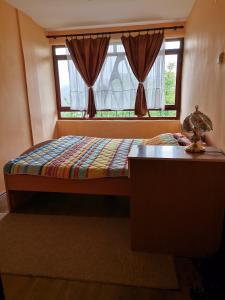 a bedroom with a bed and a desk and a window at Zavojsko jezero Pirot - smestaj Manic in Gostuša