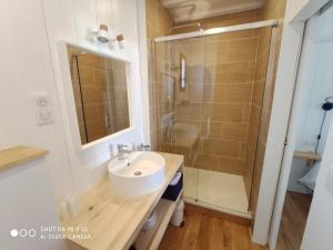 a bathroom with a sink and a shower at Centre Cap-ferret, les chambres du phare, océan in Bélisaire