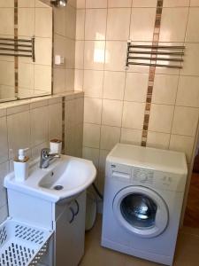 a bathroom with a washing machine and a sink at O. W. BRYZA in Rowy