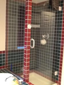 a shower with a red and green tiled wall at Wisteria Honeymoon Cottage in Sooke